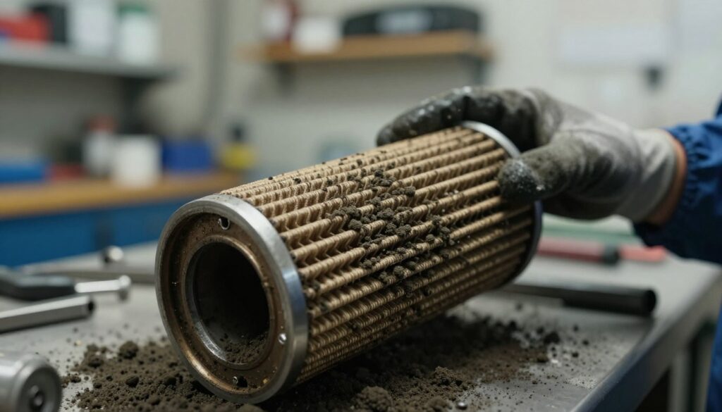 A close-up view of a diesel particulate filter (DPF) showcasing accumulated soot particles. In the foreground, the filter appears slightly open with dark, textured soot visibly clogging the mesh. The middle ground features a blurred mechanic's hand adjusting the filter, wearing professional gloves. The background captures a well-lit automotive workshop, with tools and parts neatly organized on shelves. Soft, diffused lighting enhances the details of the soot texture, creating a somber mood that reflects concern over soot accumulation. The angle is slightly tilted to emphasize the filter's interior while maintaining a focus on the mechanic's hand, evoking an atmosphere of technical expertise and seriousness.