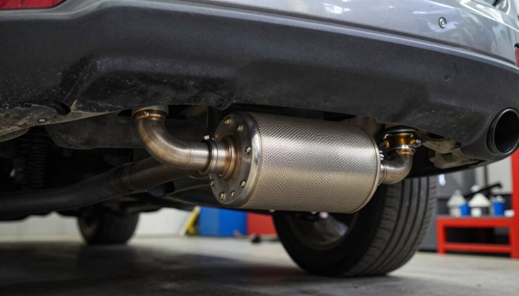 A close-up view of a diesel vehicle's exhaust system, capturing the catalytic converter prominently in the foreground. The catalytic converter should be depicted with intricate details, showcasing its metallic surface and honeycomb structure. In the middle ground, the exhaust pipes merge into the catalytic converter, with a hint of the vehicle’s undercarriage in view. The background should be subtly blurred, hinting at a workshop environment with tools and equipment, emphasizing a mechanical atmosphere. The lighting should be bright and focused, illuminating the catalytic converter while casting soft shadows. The overall mood should be technical and informative, aimed at educating viewers about this vital automotive component.