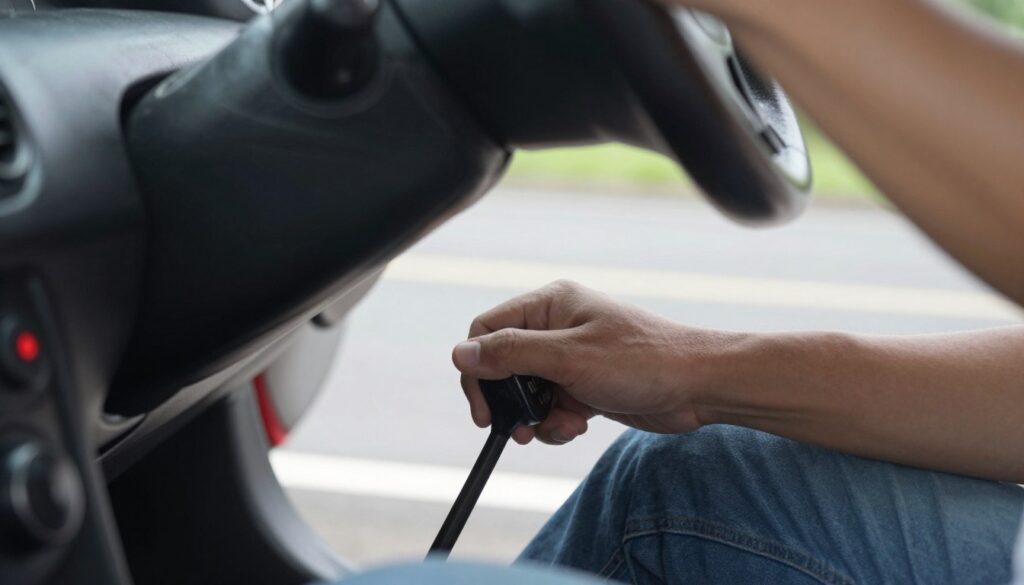 A close-up view of a driver’s foot engaged in the "półsprzęgło" technique on a manual transmission vehicle. The foreground captures the driver’s foot, showing a clear position on the clutch pedal, with the pedal partially pressed down to demonstrate the precise engagement. In the middle, the steering wheel is slightly blurred, indicating motion and focus on the clutch. The background features a soft focus of a road with clear markings, suggesting a practical driving environment. Utilize natural lighting coming from the car window to create a bright, realistic atmosphere. The lens should emphasize the details of the foot and pedal, showcasing the importance of this technique in driving. The mood is instructional and focused, illustrating mastery of driving skills with a sense of control.