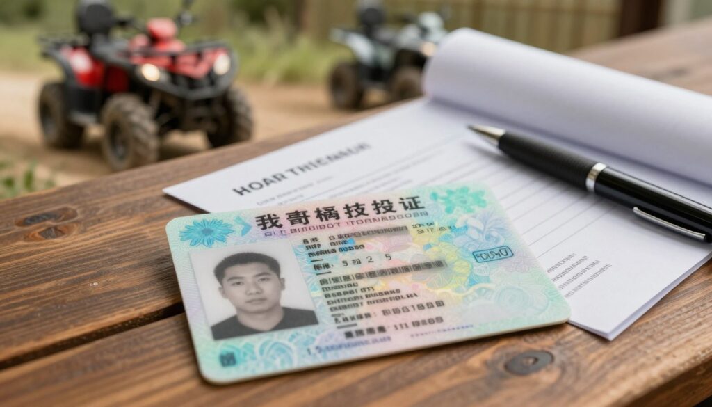 A close-up view of a driver's license for quad vehicles, prominently featuring the intricate design elements such as holographic security features and personal identification data. The license should be positioned on a wooden table, with a rolled-up quad registration document and a pen nearby, emphasizing the formalities of quad registration. In the background, softly blurred, is an outdoor scene of a quad parked on a grassy trail, highlighting the connection to outdoor adventures. The lighting is warm and inviting, creating a sense of responsibility and excitement. Capture the image from a slightly elevated angle, focusing on the driver's license while providing context with the registration document and quad in the background. A close-up view of a driver's license for quad vehicles, prominently featuring the intricate design elements such as holographic security features and personal identification data. The license should be positioned on a wooden table, with a rolled-up quad registration document and a pen nearby, emphasizing the formalities of quad registration. In the background, softly blurred, is an outdoor scene of a quad parked on a grassy trail, highlighting the connection to outdoor adventures. The lighting is warm and inviting, creating a sense of responsibility and excitement. Capture the image from a slightly elevated angle, focusing on the driver's license while providing context with the registration document and quad in the background.