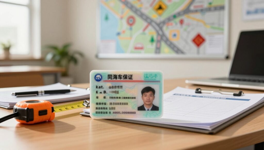 A close-up view of a driver's license (kat. B) prominently displayed on a wooden desk, with a measuring tape, a driving manual, and a clipboard with a checklist beside it. In the background, a modern classroom setting with a large wall map of road signs and traffic regulations. The lighting is warm and inviting, coming from a nearby window, casting soft shadows that enhance the details of the license. Capture the essence of a productive learning environment with a focus on driver education, showcasing elements like pens and a laptop, hinting at the organization and preparation involved in driving courses. The mood is informative and professional, designed to inspire confidence in prospective drivers.