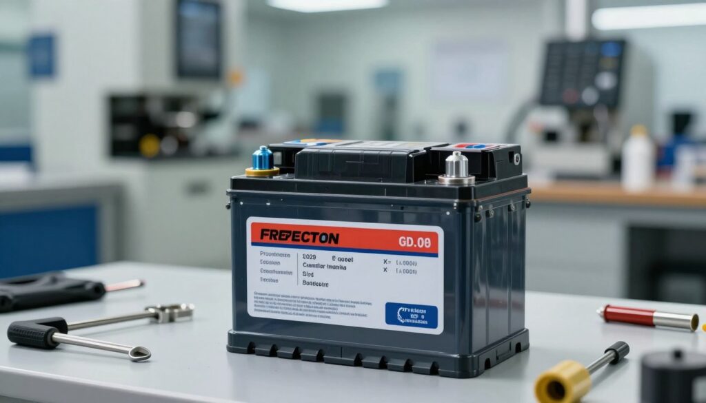 A close-up view of a freshly manufactured car battery, prominently displaying the production date label. In the foreground, the battery is placed on a clean workbench, surrounded by tools and components of a modern automotive workshop. The middle ground features a soft-focus backdrop of assembly lines and machinery, highlighting the industrial environment. The lighting is bright and even, emphasizing the sleek design of the battery and showcasing the vibrant colors of its label. A slight depth of field enhances the focus on the battery while gently blurring the background. The atmosphere conveys a sense of precision and professionalism, illustrating the importance of battery selection criteria outside of specifications like capacity and start-up current. A close-up view of a freshly manufactured car battery, prominently displaying the production date label. In the foreground, the battery is placed on a clean workbench, surrounded by tools and components of a modern automotive workshop. The middle ground features a soft-focus backdrop of assembly lines and machinery, highlighting the industrial environment. The lighting is bright and even, emphasizing the sleek design of the battery and showcasing the vibrant colors of its label. A slight depth of field enhances the focus on the battery while gently blurring the background. The atmosphere conveys a sense of precision and professionalism, illustrating the importance of battery selection criteria outside of specifications like capacity and start-up current.