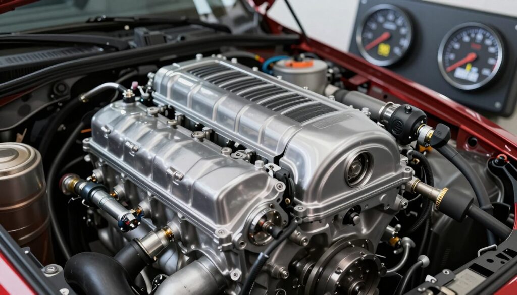 A close-up view of a high-performance car engine with visible components like the intake system and fuel injectors, emphasizing the concept of power and efficiency. The engine is gleaming in a well-lit garage, showcasing its sleek metallic surfaces. In the background, softly blurred gauges display fuel types (95 and 98 octane) and performance metrics, creating a sense of technical sophistication. The lighting is bright yet soft, highlighting the engine’s details, capturing a professional mood. The angle is slightly tilted for dynamic perspective, giving the impression of a thorough inspection. The scene conveys a blend of automotive innovation and practical engineering, illustrating the relationship between fuel quality, power output, and fuel consumption without any text or human presence. A close-up view of a high-performance car engine with visible components like the intake system and fuel injectors, emphasizing the concept of power and efficiency. The engine is gleaming in a well-lit garage, showcasing its sleek metallic surfaces. In the background, softly blurred gauges display fuel types (95 and 98 octane) and performance metrics, creating a sense of technical sophistication. The lighting is bright yet soft, highlighting the engine’s details, capturing a professional mood. The angle is slightly tilted for dynamic perspective, giving the impression of a thorough inspection. The scene conveys a blend of automotive innovation and practical engineering, illustrating the relationship between fuel quality, power output, and fuel consumption without any text or human presence.
