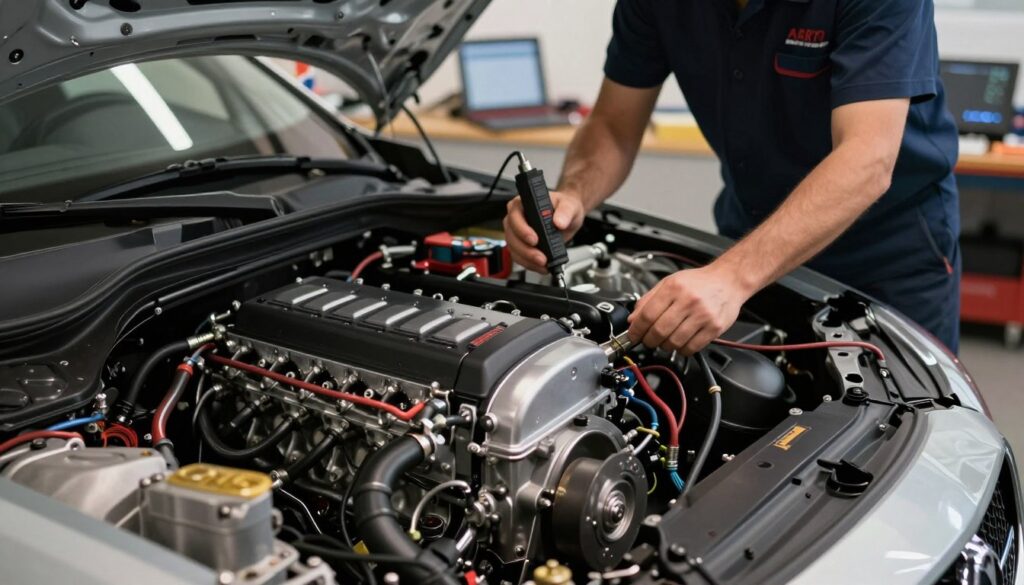 A close-up view of a high-performance engine bay, showcasing a modern car modified for chiptuning. The foreground features intricate engine components like the ECU and high-quality wiring, emphasizing the technical details of the chiptuning process. In the middle ground, a mechanic in professional attire carefully inspects the engine, holding a diagnostic tool, illustrating the expertise involved in optimizing engine performance. The background includes blurred elements of a well-lit workshop environment, with tools and tuning equipment subtly arranged to maintain focus on the engine. Soft, warm lighting highlights the metallic surfaces, creating a sense of professionalism and innovation, conveying the mood of precision and safety in enhancing engine power.