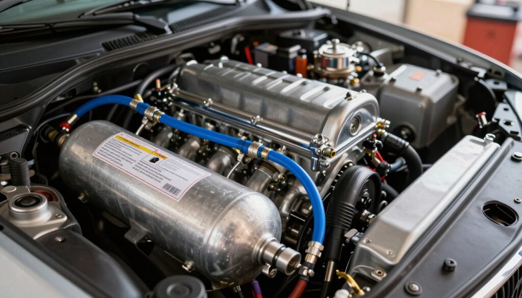 A close-up view of a high-performance nitrous oxide (N2O) kit installed in a modern car engine bay, showcasing the nitrous bottles, hoses, and solenoids. The foreground features the shiny silver nitrous bottles, labeled clearly with safety warnings, connected to bright blue hoses, creating a technical and intricate look. In the middle ground, the engine block is visible, adorned with chrome accents and tuned components, emphasizing a precision automotive aesthetic. The background is slightly blurred to focus on the kit, illuminated by natural lighting that highlights the metallic textures and colors. A warm, inviting atmosphere suggests a well-maintained workshop environment, with soft shadows enhancing the depth of the image. A close-up view of a high-performance nitrous oxide (N2O) kit installed in a modern car engine bay, showcasing the nitrous bottles, hoses, and solenoids. The foreground features the shiny silver nitrous bottles, labeled clearly with safety warnings, connected to bright blue hoses, creating a technical and intricate look. In the middle ground, the engine block is visible, adorned with chrome accents and tuned components, emphasizing a precision automotive aesthetic. The background is slightly blurred to focus on the kit, illuminated by natural lighting that highlights the metallic textures and colors. A warm, inviting atmosphere suggests a well-maintained workshop environment, with soft shadows enhancing the depth of the image.