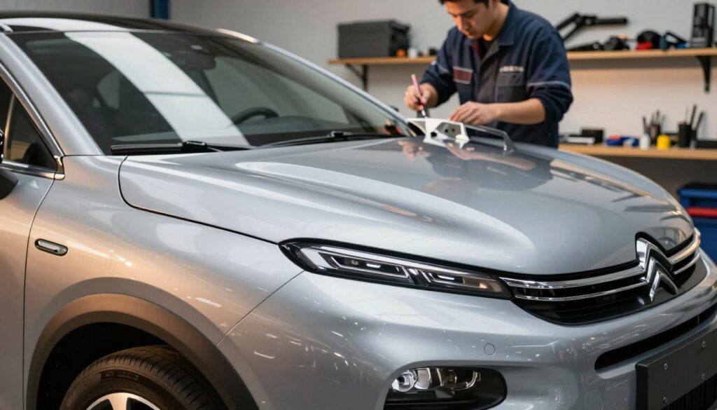 A close-up view of a high-quality Citroën C5 body kit, meticulously crafted to show fine details and exemplary fitment. In the foreground, the glossy painted surface reflects natural sunlight, highlighting the smooth contours and innovative design elements. In the middle ground, a technician in professional work attire inspects the body kit, using tools to demonstrate careful evaluation. The background features a modern automotive workshop, complete with shelves of tools and parts, bathed in warm, ambient lighting to create a professional atmosphere. The entire scene conveys a sense of craftsmanship and attention to detail, emphasizing quality and precision in automotive customization. The angle presents a dynamic perspective, drawing attention to both the product and the diligence of the inspection process.