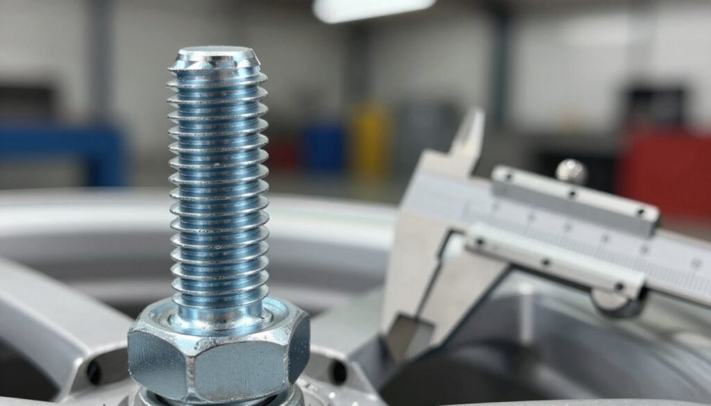 A close-up view of a high-quality aluminum wheel bolt, showcasing its precise threads to illustrate the thread pitch ("skok gwintu"). The foreground features the bolt in sharp detail with reflections highlighting its metallic surface. In the middle ground, include a measuring caliper indicating the diameter and thread pitch for added technical context. The background can be a softly blurred auto garage or workshop setting, enhancing the focus on the bolt while maintaining an industrial atmosphere. Use soft, diffused lighting to prevent harsh shadows, ideal for a product-focused image. The angle should be slightly tilted to emphasize the bolt's details, creating a professional yet accessible mood. A close-up view of a high-quality aluminum wheel bolt, showcasing its precise threads to illustrate the thread pitch ("skok gwintu"). The foreground features the bolt in sharp detail with reflections highlighting its metallic surface. In the middle ground, include a measuring caliper indicating the diameter and thread pitch for added technical context. The background can be a softly blurred auto garage or workshop setting, enhancing the focus on the bolt while maintaining an industrial atmosphere. Use soft, diffused lighting to prevent harsh shadows, ideal for a product-focused image. The angle should be slightly tilted to emphasize the bolt's details, creating a professional yet accessible mood.