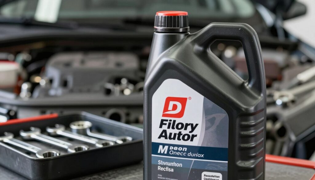 A close-up view of a high-quality engine oil bottle, showcasing its sleek design and detailed labeling, placed prominently in the foreground. The bottle's surface glistens under bright, focused light, emphasizing the rich, dark color of the oil inside. In the middle ground, a mechanic's toolbox with various tools—like wrenches and an oil filter—can be seen, hinting at automotive maintenance. The background features a blurred image of a car engine bay, subtly suggesting the context of engine upkeep. The overall atmosphere is professional and technical, with a clean workshop ambiance, illuminated by soft overhead lighting that conveys a sense of reliability and precision in automotive care.