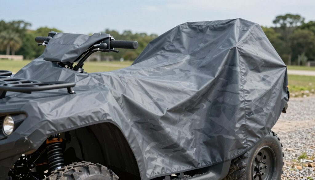 A close-up view of a high-quality quad cover made from durable, weather-resistant material designed for outdoor use. The foreground features the cover draped elegantly over a quad, showcasing its texture and color—perhaps a sleek dark grey or camo pattern. In the middle ground, an environment enriched with outdoor elements, like a gravel driveway or grass, adds context. The background includes a blurred outline of trees under a clear blue sky, enhancing the outdoor setting. Soft, natural lighting highlights the material's sheen and reinforces the idea of protection from the elements. The image captures a sense of reliability and durability, reflecting the essence of high-quality quad covers ideally suited for outdoor conditions. A close-up view of a high-quality quad cover made from durable, weather-resistant material designed for outdoor use. The foreground features the cover draped elegantly over a quad, showcasing its texture and color—perhaps a sleek dark grey or camo pattern. In the middle ground, an environment enriched with outdoor elements, like a gravel driveway or grass, adds context. The background includes a blurred outline of trees under a clear blue sky, enhancing the outdoor setting. Soft, natural lighting highlights the material's sheen and reinforces the idea of protection from the elements. The image captures a sense of reliability and durability, reflecting the essence of high-quality quad covers ideally suited for outdoor conditions.