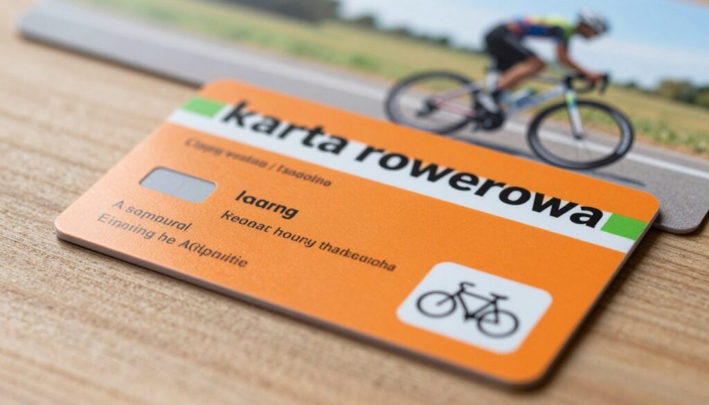 A close-up view of a "karta rowerowa," showcasing its sleek design and distinctive features. The card is primarily a vibrant orange color with white and green accents, laid flat on a textured wooden surface to highlight its details. The foreground focuses on the card's elements, like the bicycle symbol and identification details, prominently displayed. In the middle, soft natural light gently illuminates the card, casting subtle shadows to enhance the textures. The background features hints of a blurred biking landscape, evoking a sense of adventure and outdoor activity. The overall atmosphere is informative and engaging, inviting the viewer to appreciate the significance of this document in cycling culture while maintaining a clean and professional look without any clutter.