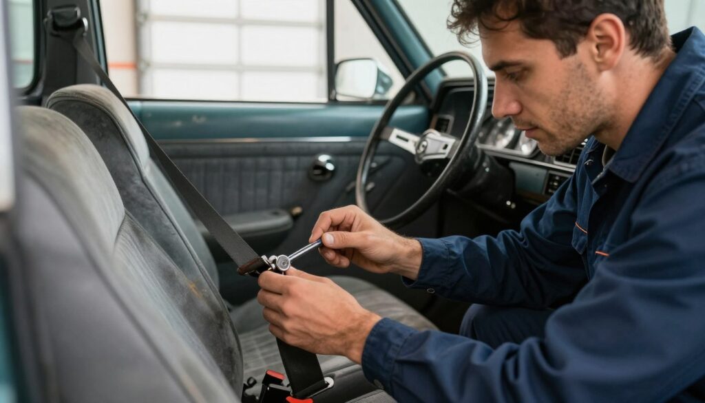 A close-up view of a mechanic checking the anchoring points in an older vehicle's interior. The foreground features the mechanic, dressed in professional work attire, examining the seatbelt anchorage under the driver's seat with a specialized tool. The middle ground shows the vehicle's interior, highlighting the aged upholstery and worn dashboard, evoking a sense of nostalgia. In the background, soft natural light filters through a garage window, casting gentle shadows that enhance the scene's realism. The atmosphere is focused and professional, emphasizing safety inspections in classic cars. The angle captures the mechanic's detailed work, providing a clear context for vehicle safety checks.