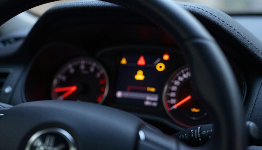 A close-up view of a modern car dashboard illuminated by various warning lights, showcasing key symbols such as the engine warning light, tire pressure indicator, and battery alert. The foreground features a sleek steering wheel, partially visible, with the dashboard's digital display clearly visible behind it. In the middle ground, focus on the bright red and yellow lights, each symbol clearly defined and glowing against a dark backdrop, indicating urgency. The background remains softly blurred, hinting at the interior of a contemporary car. The lighting should create a dramatic effect, highlighting the vivid colors of the warning lights in contrast to the darkness of the car’s interior, evoking a sense of caution and attention. A close-up view of a modern car dashboard illuminated by various warning lights, showcasing key symbols such as the engine warning light, tire pressure indicator, and battery alert. The foreground features a sleek steering wheel, partially visible, with the dashboard's digital display clearly visible behind it. In the middle ground, focus on the bright red and yellow lights, each symbol clearly defined and glowing against a dark backdrop, indicating urgency. The background remains softly blurred, hinting at the interior of a contemporary car. The lighting should create a dramatic effect, highlighting the vivid colors of the warning lights in contrast to the darkness of the car’s interior, evoking a sense of caution and attention.