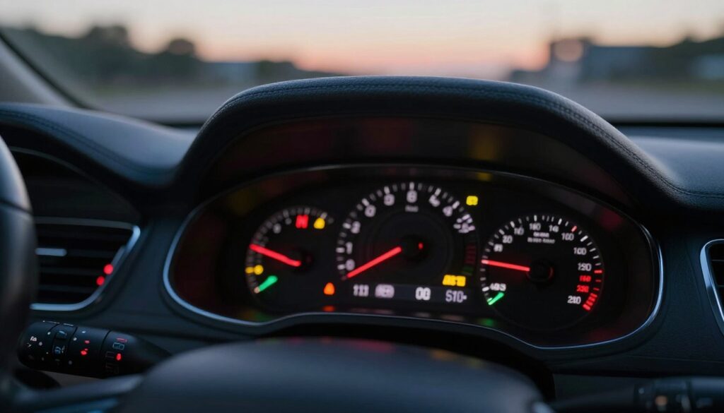 A close-up view of a modern car dashboard illuminated during twilight, showcasing various warning lights in vibrant colors: red for critical alerts, yellow for caution, and green for operational indicators. The foreground should feature the dashboard controls, sleek and technologically advanced, with a focus on the warning lights. In the middle ground, capture the reflective surfaces of the dashboard, emphasizing their polished finish. The background should be a softly blurred view of the car's interior, creating a sense of depth. The overall mood should be informative and engaged, highlighting the importance of understanding dashboard lights while driving. The lighting should be dynamic, with the dashboard lights glowing against a soft ambient light, creating a visually striking atmosphere. A close-up view of a modern car dashboard illuminated during twilight, showcasing various warning lights in vibrant colors: red for critical alerts, yellow for caution, and green for operational indicators. The foreground should feature the dashboard controls, sleek and technologically advanced, with a focus on the warning lights. In the middle ground, capture the reflective surfaces of the dashboard, emphasizing their polished finish. The background should be a softly blurred view of the car's interior, creating a sense of depth. The overall mood should be informative and engaged, highlighting the importance of understanding dashboard lights while driving. The lighting should be dynamic, with the dashboard lights glowing against a soft ambient light, creating a visually striking atmosphere.