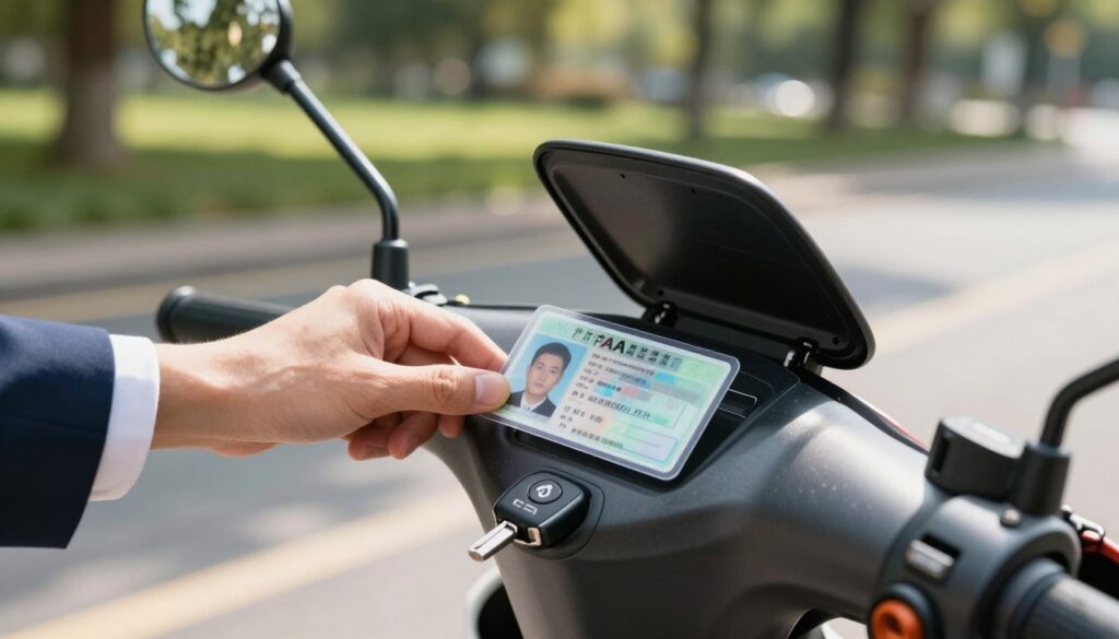 A close-up view of a motor scooter's dashboard, showcasing the keys and an open compartment revealing a glossy "AM" driving license, symbolizing legal operation of small vehicles. The scene should be set on a sunny day, with sunlight streaming through trees in the background, creating dappled light patterns on the dashboard. On the left side, a hand in a professional business attire gently holds the license, emphasizing the importance of legal driving credentials. The background features a blurred image of a peaceful park setting, hinting at a safe driving environment. The overall mood is informative and engaging, highlighting the theme of responsible vehicle operation. The angle should be slightly tilted downwards, focusing primarily on the license and dashboard details.