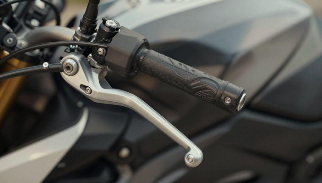 A close-up view of a motorcycle clutch lever (klamkę) being controlled by a Bowden cable system. The lever is shown in an ergonomic position, highlighting its mechanical design and the cable intricacies connected to it. The background features a motorcycle engine partially visible, emphasizing the technical environment. Soft, diffused lighting illuminates the scene, casting gentle shadows that accentuate the metallic textures of the clutch components. Shot from a slightly lower angle to focus on the leverage mechanics, creating a sense of depth. The mood conveys a sense of precision and engineering reliability, perfect for illustrating the mechanics of clutches in motorcycles. A close-up view of a motorcycle clutch lever (klamkę) being controlled by a Bowden cable system. The lever is shown in an ergonomic position, highlighting its mechanical design and the cable intricacies connected to it. The background features a motorcycle engine partially visible, emphasizing the technical environment. Soft, diffused lighting illuminates the scene, casting gentle shadows that accentuate the metallic textures of the clutch components. Shot from a slightly lower angle to focus on the leverage mechanics, creating a sense of depth. The mood conveys a sense of precision and engineering reliability, perfect for illustrating the mechanics of clutches in motorcycles.