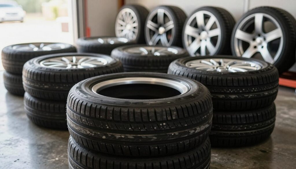 A close-up view of a neatly stored set of car tires and wheels, arranged in a clean, organized garage setting. In the foreground, showcase the textures of the tires, highlighting the tread patterns and sidewalls that reflect proper maintenance. The middle ground features a gentle arrangement of various wheel designs, emphasizing their contrast against the dark, polished concrete floor. In the background, soft natural light filters through a window, creating a warm and inviting atmosphere. The focus is sharp on the tires while the background remains slightly blurred, emphasizing the subject. Overall, capture a sense of orderliness and care, evoking the notion of preparing for seasonal storage. Ensure no additional elements or distractions are present, maintaining a professional and clean aesthetic. A close-up view of a neatly stored set of car tires and wheels, arranged in a clean, organized garage setting. In the foreground, showcase the textures of the tires, highlighting the tread patterns and sidewalls that reflect proper maintenance. The middle ground features a gentle arrangement of various wheel designs, emphasizing their contrast against the dark, polished concrete floor. In the background, soft natural light filters through a window, creating a warm and inviting atmosphere. The focus is sharp on the tires while the background remains slightly blurred, emphasizing the subject. Overall, capture a sense of orderliness and care, evoking the notion of preparing for seasonal storage. Ensure no additional elements or distractions are present, maintaining a professional and clean aesthetic.