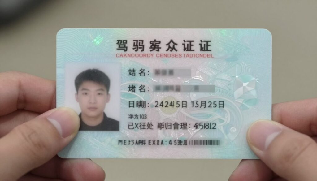 A close-up view of a new driver's license, highlighted on its front side, showcasing the various fields of personal data, such as name, date of birth, and address. The license should appear realistic, displaying security features like holograms and a barcode. In the foreground, a blurred hand holding the license provides perspective. In the middle ground, the license details are crisply focused, showing clear, legible text and intricate patterns. The background softly fades into a neutral tone for emphasis on the license. Soft, diffused lighting creates a professional, informative atmosphere, mimicking a documentary style. The overall mood is one of clarity and precision, suitable for educational use. No text or branding is included.