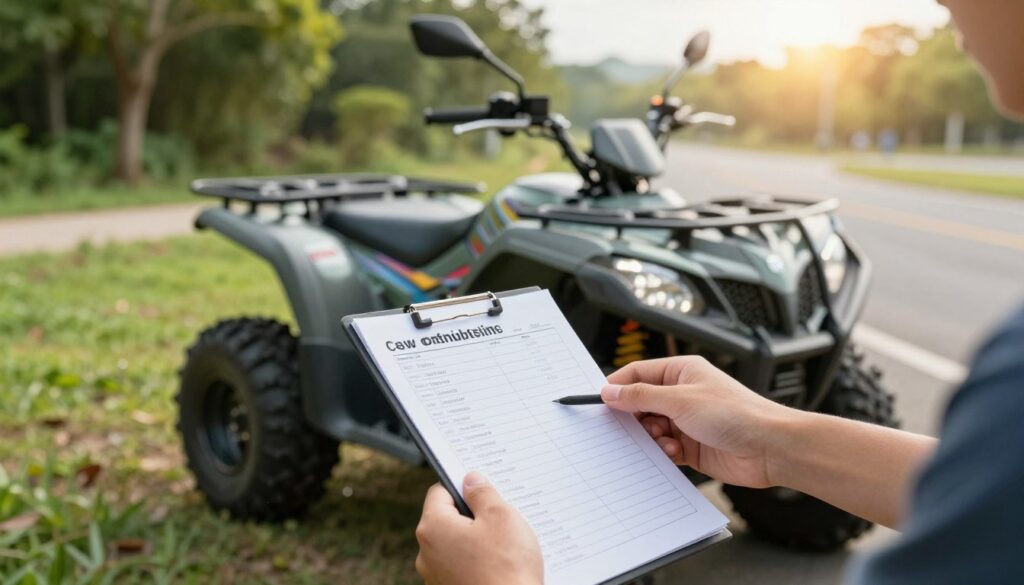 A close-up view of a person examining a quad bike in a spacious outdoor setting, surrounded by lush greenery and an open road. In the foreground, focus on a hand holding a detailed checklist, highlighting aspects to consider when purchasing a quad, like engine size, weight capacity, and price. The middle ground features a shiny, modern quad bike with a rugged design and vibrant colors. In the background, soft sunlight filters through trees, creating a warm and inviting atmosphere. Use a slight depth of field to emphasize the checklist and the quad, while keeping the background slightly blurred. The scene conveys a sense of adventure and careful decision-making, perfect for new quad buyers. A close-up view of a person examining a quad bike in a spacious outdoor setting, surrounded by lush greenery and an open road. In the foreground, focus on a hand holding a detailed checklist, highlighting aspects to consider when purchasing a quad, like engine size, weight capacity, and price. The middle ground features a shiny, modern quad bike with a rugged design and vibrant colors. In the background, soft sunlight filters through trees, creating a warm and inviting atmosphere. Use a slight depth of field to emphasize the checklist and the quad, while keeping the background slightly blurred. The scene conveys a sense of adventure and careful decision-making, perfect for new quad buyers.