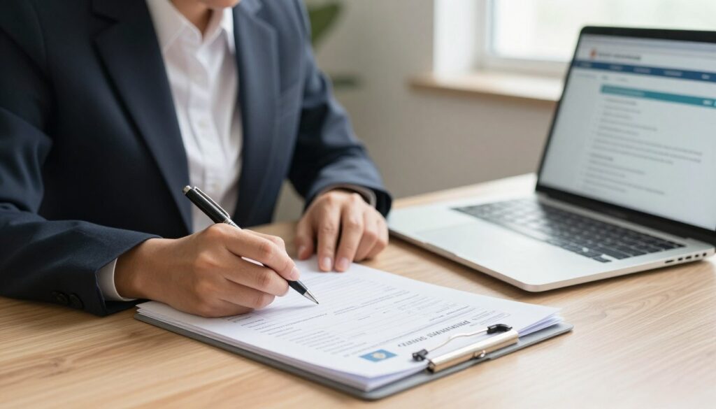 A close-up view of a person sitting at a tidy desk, attentively filling out a driver's license application form. The foreground features a well-organized workspace with a pen in hand, a stack of required documents like identification and proof of residence, and an open laptop showing a government website with information about the application process. In the middle, the person, dressed in professional business attire, is focused and slightly leaning forward, exuding determination. The background showcases a soft-lit room with neutral colors, giving a calm and organized atmosphere. Natural light filters in from a window, enhancing the warm ambiance. No text or overlays are present. A close-up view of a person sitting at a tidy desk, attentively filling out a driver's license application form. The foreground features a well-organized workspace with a pen in hand, a stack of required documents like identification and proof of residence, and an open laptop showing a government website with information about the application process. In the middle, the person, dressed in professional business attire, is focused and slightly leaning forward, exuding determination. The background showcases a soft-lit room with neutral colors, giving a calm and organized atmosphere. Natural light filters in from a window, enhancing the warm ambiance. No text or overlays are present.