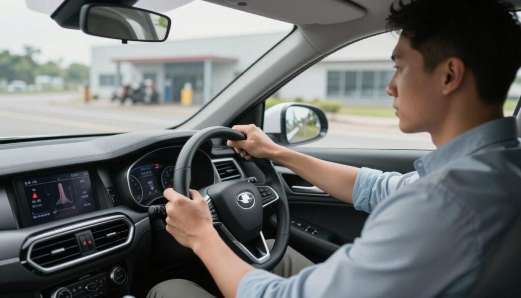 A close-up view of a professional-looking driver in a modern car, focused on the dashboard displaying warning lights, representing automatic transmission issues. In the foreground, the driver is adjusting the steering wheel with a serious expression, dressed in smart casual attire. In the middle ground, the car interior is well-lit, showcasing a sophisticated console and gear shift. The background features a blurred road stretching toward a mechanical service center, emphasizing the journey to safety. Soft, natural lighting pours in through the side windows, creating a tense yet hopeful atmosphere. The overall mood conveys urgency balanced with a sense of determination. The image emphasizes responsible driving and the importance of seeking professional help for automotive issues. A close-up view of a professional-looking driver in a modern car, focused on the dashboard displaying warning lights, representing automatic transmission issues. In the foreground, the driver is adjusting the steering wheel with a serious expression, dressed in smart casual attire. In the middle ground, the car interior is well-lit, showcasing a sophisticated console and gear shift. The background features a blurred road stretching toward a mechanical service center, emphasizing the journey to safety. Soft, natural lighting pours in through the side windows, creating a tense yet hopeful atmosphere. The overall mood conveys urgency balanced with a sense of determination. The image emphasizes responsible driving and the importance of seeking professional help for automotive issues.