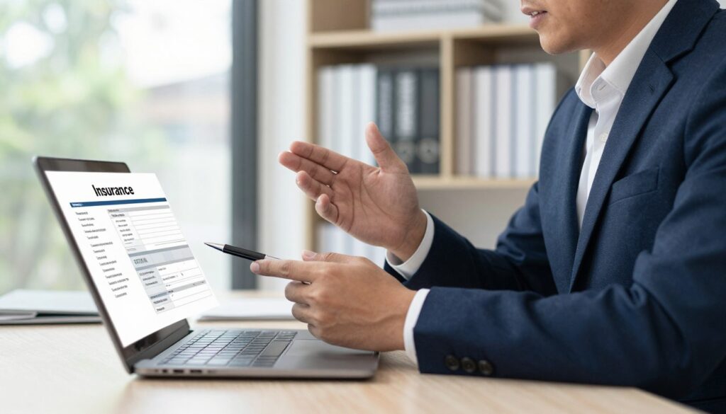 A close-up view of a professional-looking insurance agent seated at a desk, dressed in a smart suit, with a laptop open in front of them displaying an insurance policy document. The agent is gesturing as if explaining something important, highlighting a section of the document with a pen. In the background, a modern office setting with bookshelves filled with insurance-related books and a large window letting in natural light, creating a bright atmosphere. The overall mood is professional and reassuring, emphasizing the idea of clarity and trust in insurance matters. The scene is shot with a shallow depth of field, keeping the focus on the agent while softly blurring the background elements. A close-up view of a professional-looking insurance agent seated at a desk, dressed in a smart suit, with a laptop open in front of them displaying an insurance policy document. The agent is gesturing as if explaining something important, highlighting a section of the document with a pen. In the background, a modern office setting with bookshelves filled with insurance-related books and a large window letting in natural light, creating a bright atmosphere. The overall mood is professional and reassuring, emphasizing the idea of clarity and trust in insurance matters. The scene is shot with a shallow depth of field, keeping the focus on the agent while softly blurring the background elements.