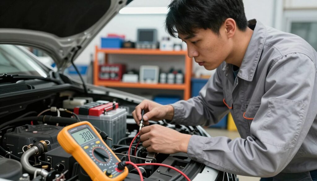 A close-up view of a professional mechanic in a workshop, dressed in a clean, modest uniform, examining a car’s electrical system. The foreground features a digital multimeter displaying measurements of current draw with clear, bright numbers. In the middle ground, the mechanic is focusing intently on the car’s battery and wiring, with tools neatly arranged nearby. The background shows shelves filled with automotive parts and diagnostic equipment, lightly illuminated by overhead fluorescent lights, creating a functional and busy atmosphere. The scene should evoke a sense of precision and professionalism, emphasizing the importance of accurate measurement in automotive diagnostics. The lighting should be bright yet soft, highlighting the details without causing harsh shadows. A close-up view of a professional mechanic in a workshop, dressed in a clean, modest uniform, examining a car’s electrical system. The foreground features a digital multimeter displaying measurements of current draw with clear, bright numbers. In the middle ground, the mechanic is focusing intently on the car’s battery and wiring, with tools neatly arranged nearby. The background shows shelves filled with automotive parts and diagnostic equipment, lightly illuminated by overhead fluorescent lights, creating a functional and busy atmosphere. The scene should evoke a sense of precision and professionalism, emphasizing the importance of accurate measurement in automotive diagnostics. The lighting should be bright yet soft, highlighting the details without causing harsh shadows.
