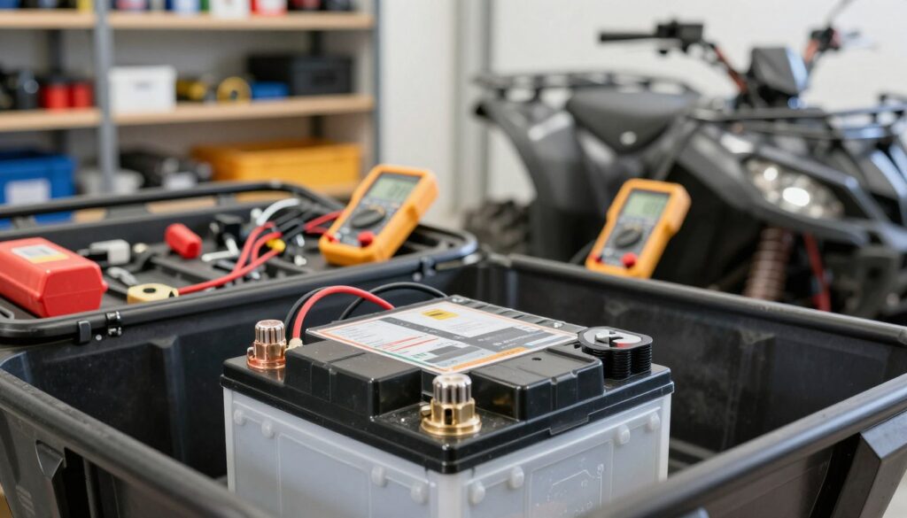 A close-up view of a quad bike battery, situated in a well-lit garage environment. In the foreground, focus on the battery itself, showcasing its connectors and cables with clear details, emphasizing their condition. In the middle ground, include a partially open toolbox displaying fuses and tools that suggest an inspection, while highlighting some diagnostic instruments like a multimeter. The background should feature shelves with spare parts and a soft-focus quad bike, indicating the context of troubleshooting. The lighting is bright yet soft, creating a professional and approachable atmosphere, ideal for illustrating a technical repair scenario. The composition should convey a sense of careful examination and maintenance, with a clean and organized appearance.