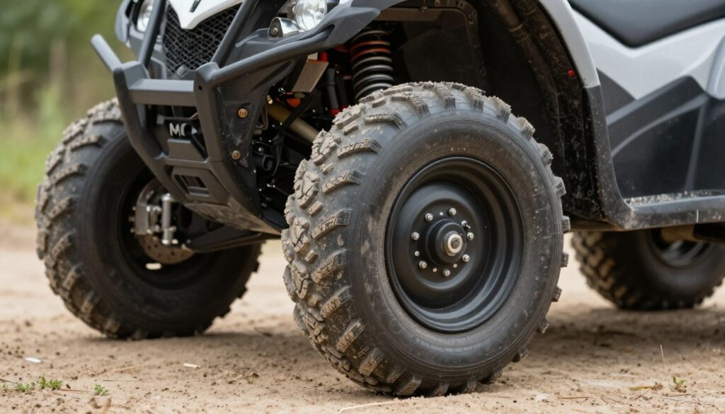 A close-up view of a quad bike's front wheels, showcasing the precise alignment of the tires that demonstrates proper wheel convergence. The foreground features the quad's rugged tires mounted on sturdy wheels, each displaying subtle tread patterns. In the middle ground, the quad's frame is partially visible, emphasizing its robust construction. The background includes a blurred off-road setting with dirt and greenery, hinting at outdoor use. Soft, diffused lighting enhances the textures of the tires and the quad's surface, creating a sense of realism. The angle is slightly low, giving an authoritative perspective on wheel alignment's importance, evoking a mood of safety and precision, which underscores the significance of proper wheel convergence in vehicle performance.