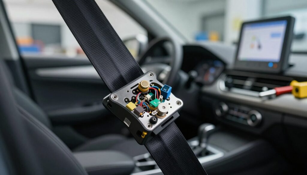 A close-up view of a seatbelt buckle sensor, prominently displayed in the foreground, showcasing intricate wiring and small circuit components. The sensor is gleaming under soft, natural lighting that emphasizes its metallic surfaces. In the middle ground, a car interior is softly blurred, hinting at a modern vehicle without drawing focus. The background features a workshop environment with tools and diagnostic equipment subtly out of focus, creating an ambiance of mechanical expertise. The mood is analytical and focused, conveying a sense of practical problem-solving and quick diagnosis. The camera angle captures the sensor from a slight overhead perspective, ensuring a clear view of its details, while maintaining a professional and polished look. A close-up view of a seatbelt buckle sensor, prominently displayed in the foreground, showcasing intricate wiring and small circuit components. The sensor is gleaming under soft, natural lighting that emphasizes its metallic surfaces. In the middle ground, a car interior is softly blurred, hinting at a modern vehicle without drawing focus. The background features a workshop environment with tools and diagnostic equipment subtly out of focus, creating an ambiance of mechanical expertise. The mood is analytical and focused, conveying a sense of practical problem-solving and quick diagnosis. The camera angle captures the sensor from a slight overhead perspective, ensuring a clear view of its details, while maintaining a professional and polished look.