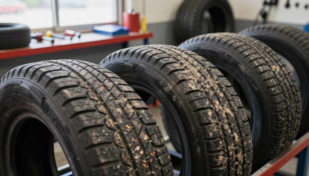 A close-up view of a set of all-season tires in various states of wear and tear, arranged on a workshop bench. The foreground features one tire with visible wear indicators and cracks, showcasing signs of aging and diminished tread. In the middle, another tire is half-covered in a layer of dust, symbolizing neglect. The background shows a brightly lit garage with tools and tire changing equipment, emphasizing the professional context. Natural light filters in through a window, casting soft shadows. The atmosphere is informative yet serious, highlighting the importance of maintaining tire health.