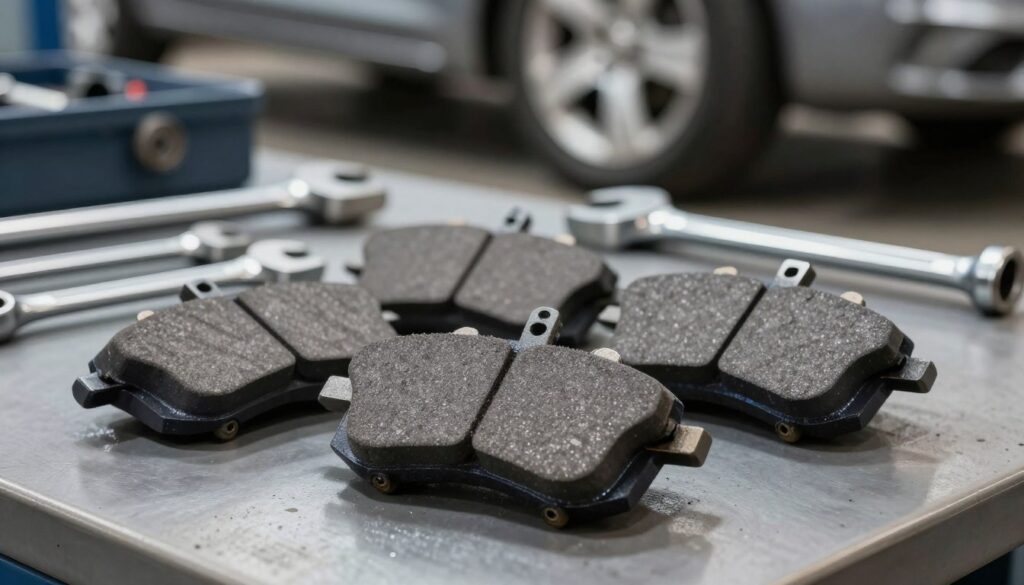A close-up view of a set of high-performance brake pads (klocki hamulcowe) on a workbench, showcasing the intricate textures and contours of the pads. The foreground features the brake pads in sharp detail, highlighting the metal backing and friction surface. In the middle ground, a mechanic’s toolset is visible, including wrenches and a torque wrench, subtly suggesting the process of replacing brake components. The background is slightly blurred, with a faint outline of a car wheel and tire display, evoking a mechanic's workshop ambiance. Soft overhead lighting casts gentle shadows, creating a focused atmosphere that emphasizes the importance of vehicle safety elements. The overall mood is professional and meticulous, inviting the viewer to consider the critical nature of automotive maintenance.