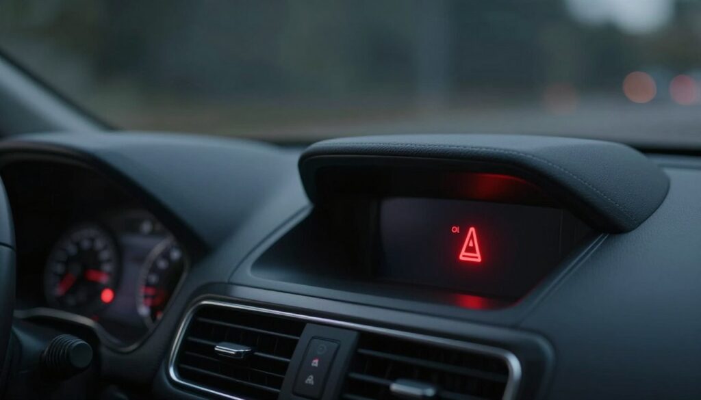 A close-up view of a sleek car dashboard, prominently featuring a red warning light symbolizing "oil pressure" or "engine oil" alert. The dashboard is surrounded by modern car controls, with smooth curves and a high-tech display. The lighting is soft and atmospheric, emphasizing the glow of the red warning light against a darker, muted background. A faint reflection of the exterior city lights can be seen in the windshield, hinting at a nighttime urban setting. The mood is urgent yet calm, suggesting the importance of responding to the alert wisely. No people are present in the image, allowing the focus to remain entirely on the warning light and dashboard design. A close-up view of a sleek car dashboard, prominently featuring a red warning light symbolizing "oil pressure" or "engine oil" alert. The dashboard is surrounded by modern car controls, with smooth curves and a high-tech display. The lighting is soft and atmospheric, emphasizing the glow of the red warning light against a darker, muted background. A faint reflection of the exterior city lights can be seen in the windshield, hinting at a nighttime urban setting. The mood is urgent yet calm, suggesting the importance of responding to the alert wisely. No people are present in the image, allowing the focus to remain entirely on the warning light and dashboard design.