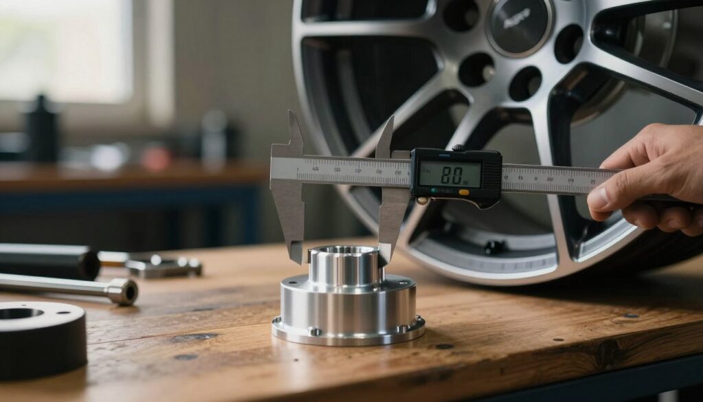 A close-up view of a sleek modern car wheel rim showcasing an ET spacer, positioned on a wooden workbench. In the foreground, highlight the detailed craftsmanship of the aluminum spacer, emphasizing the precise measurements and markings indicative of its offset. In the middle, incorporate a digital caliper measuring the thickness of the spacer, reflecting the meticulous calculations involved in fitting new rims. In the background, softly out of focus, a workshop with tools and tire changing equipment can be seen, illuminated by warm, natural light filtering through a window. The overall mood should convey a sense of technical expertise and safety, with an atmospheric blend of focus and professionalism.