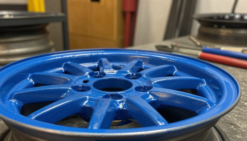A close-up view of a steel wheel rim being coated with a vibrant, blue anti-corrosive primer. The foreground captures the intricate texture of the primer being applied, showing fine brush strokes and a glossy finish. In the middle ground, a partially painted wheel is displayed, emphasizing the contrast between the raw metal and the smooth layer of primer, while tools for painting are neatly arranged. The background features a softly blurred workshop setting with warm, ambient lighting, creating a professional atmosphere. The overall mood conveys a sense of durability and craftsmanship, illustrating the importance of a solid foundation for long-lasting wheel paint.