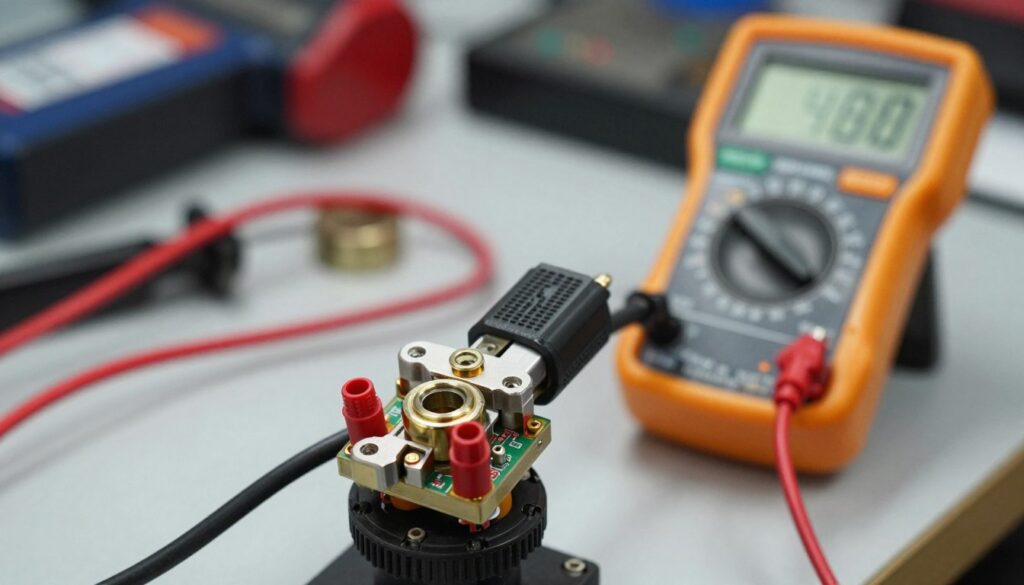 A close-up view of a throttle position sensor (TPS) prominently displayed in the foreground, showcasing its intricate electronic components and connectors. The middle ground features a multimeter with its display illuminated, showing values that indicate testing functionality, with leads connected to the sensor. In the background, soft-focus automotive tools and a workshop bench are visible, creating a technical environment. The lighting is bright yet diffuse, mimicking a well-lit garage workshop, enhancing the details of the sensor and multimeter. Capture the scene from a slightly elevated angle to give depth, emphasizing precision and the methodical nature of testing the sensor. The overall mood conveys a sense of diligence and focus in automotive diagnostics.