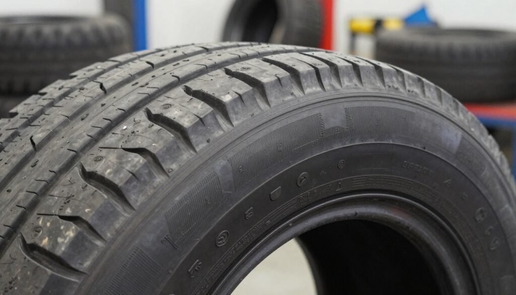A close-up view of a tire sidewall featuring distinct markings and labels indicative of retreaded tires. The foreground captures the textured rubber surface of the tire with clear emphasis on embossed symbols and inscriptions. In the middle ground, display the complete shape of the tire, showcasing its profile and tread pattern. The background features a blurred workshop environment with tools and other automotive components to create context without distraction. Soft, natural lighting highlights the tire's surface, enhancing details like wear patterns and texture. The overall mood should be informative and professional, aimed at educating viewers on the specific identifiers of retreaded tires. Focus on a high-resolution, detailed representation.