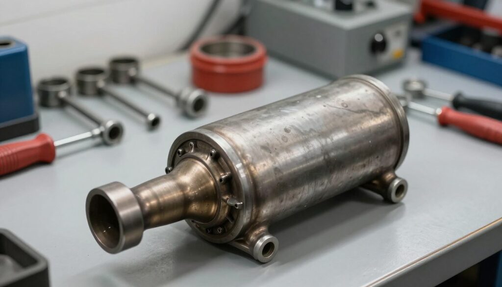 A close-up view of a universal catalytic converter sitting on a workbench in a well-lit automotive garage. The foreground features the detailed structure of the catalytic converter, showcasing its metallic surface and intricate inner components. In the middle background, various automotive tools are arranged neatly, adding to the workshop atmosphere. The lighting is bright and even, illuminating the converter while casting subtle shadows that enhance its textures. The overall mood is professional and technical, with a focus on auto mechanics and repair. The camera angle should be slightly tilted to provide an engaging perspective without distractions. No people are present in the scene, ensuring a clean and focused composition. A close-up view of a universal catalytic converter sitting on a workbench in a well-lit automotive garage. The foreground features the detailed structure of the catalytic converter, showcasing its metallic surface and intricate inner components. In the middle background, various automotive tools are arranged neatly, adding to the workshop atmosphere. The lighting is bright and even, illuminating the converter while casting subtle shadows that enhance its textures. The overall mood is professional and technical, with a focus on auto mechanics and repair. The camera angle should be slightly tilted to provide an engaging perspective without distractions. No people are present in the scene, ensuring a clean and focused composition.