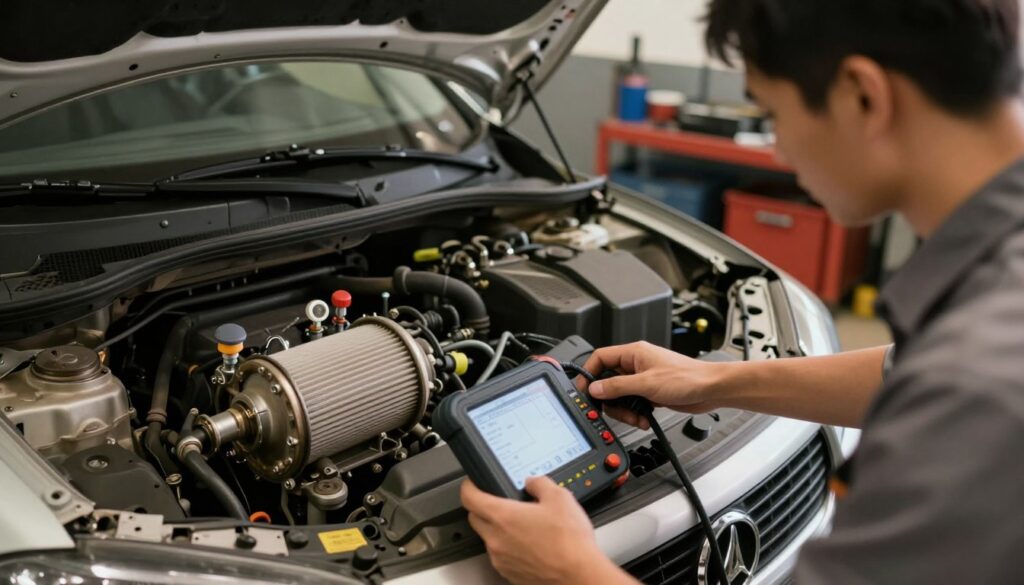 A close-up view of a vehicle parked in a garage, with the engine compartment open, showcasing a technician in casual work attire inspecting the diesel particulate filter (DPF). The foreground highlights the technician’s focused expression as they monitor diagnostic tools. In the middle, a clearly labeled DPF unit is visible, showing detailed components like sensors and tubing. The background features dimly lit garage tools and equipment, creating a professional and safe environment. Warm lighting illuminates the scene, emphasizing a sense of urgency and care in performing the DPF regeneration process. The overall mood is practical and informative, reflecting an atmosphere of automotive maintenance and care.