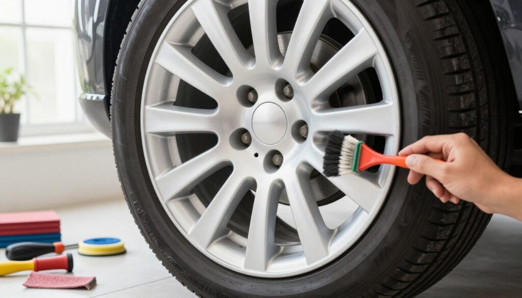 A close-up view of a well-maintained aluminum wheel with its tire still attached, showcasing the process of refinishing without removal. In the foreground, a hand is carefully applying a cleaning solution with a brush, highlighting attention to detail. The wheel should exhibit a shiny, nearly new appearance, capturing the reflection of surrounding tools like sandpaper and polishing cloths. In the middle ground, a soft-focus background features a light workshop setting with organized tools and a bright, natural light coming from a nearby window, creating an inviting and productive atmosphere. The overall mood should convey a sense of craftsmanship and pride in DIY automotive care, emphasizing a step-by-step approach to achieving professional results at home. A close-up view of a well-maintained aluminum wheel with its tire still attached, showcasing the process of refinishing without removal. In the foreground, a hand is carefully applying a cleaning solution with a brush, highlighting attention to detail. The wheel should exhibit a shiny, nearly new appearance, capturing the reflection of surrounding tools like sandpaper and polishing cloths. In the middle ground, a soft-focus background features a light workshop setting with organized tools and a bright, natural light coming from a nearby window, creating an inviting and productive atmosphere. The overall mood should convey a sense of craftsmanship and pride in DIY automotive care, emphasizing a step-by-step approach to achieving professional results at home.