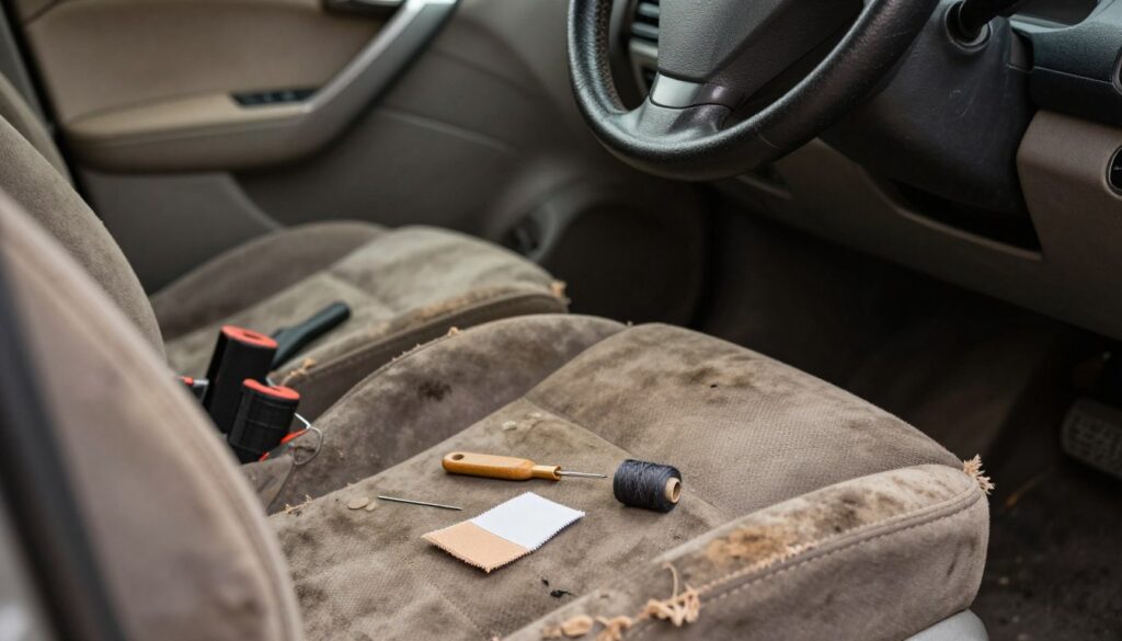 A close-up view of a well-worn car seat with visible signs of wear and tear, including frayed edges and fading fabric. In the foreground, tools for upholstery repair like a needle, thread, and a small patch are arranged neatly, symbolizing DIY efforts. The middle section features a detailed view of the car interior, showcasing a leather steering wheel, and contrasting upholstery colors that highlight the deterioration. The background subtly hints at a cozy garage setting with soft, warm lighting, giving a homely atmosphere. The angle captures both the organic imperfections of the upholstery and the tools, evoking a sense of urgency for professional help.