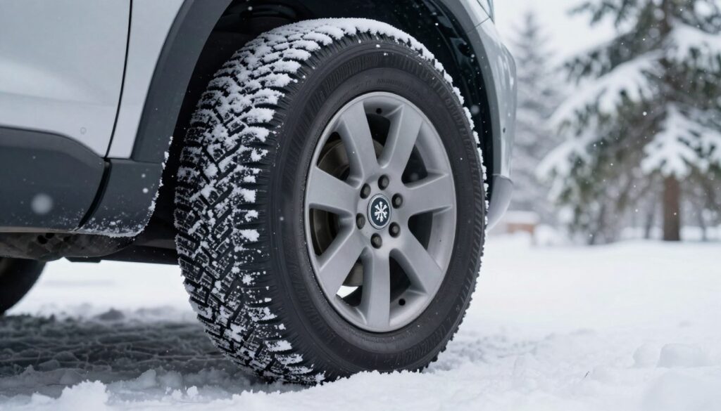 A close-up view of a winter tire with the 3PMSF snowflake symbol prominently displayed on its sidewall, emphasizing the features that indicate winter performance. The tire is placed on a snowy surface, with soft, glistening snowflakes falling gently around it, creating a serene winter atmosphere. In the background, there are blurred conifer trees covered in snow, enhancing the seasonal theme. The lighting is soft and diffused, as if it’s a cloudy day, contributing to a calm and cold mood. The image is captured from a slightly elevated angle, showcasing both the tire and the winter environment, highlighting the importance of 3PMSF in winter driving conditions.