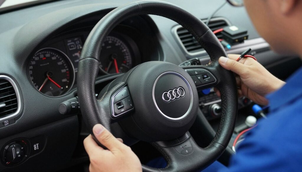 A close-up view of an Audi A3 8P steering wheel, prominently featuring the airbag module in the center. The airbag is detailed, with visible seams and the Audi logo clearly displayed. Surrounding the steering wheel, a technician in professional attire examines the airbag's compatibility with a diagnostic tool, creating a sense of expertise. In the background, components like the control module and wiring harness are strategically arranged on a cluttered workbench, hinting at an ongoing repair process. Soft, diffused lighting illuminates the scene, adding a technical yet approachable atmosphere. The angle captures both the steering wheel and the surrounding components, emphasizing their interconnection. The setting reflects an automotive workshop, detailed and organized, to convey professionalism and efficiency. A close-up view of an Audi A3 8P steering wheel, prominently featuring the airbag module in the center. The airbag is detailed, with visible seams and the Audi logo clearly displayed. Surrounding the steering wheel, a technician in professional attire examines the airbag's compatibility with a diagnostic tool, creating a sense of expertise. In the background, components like the control module and wiring harness are strategically arranged on a cluttered workbench, hinting at an ongoing repair process. Soft, diffused lighting illuminates the scene, adding a technical yet approachable atmosphere. The angle captures both the steering wheel and the surrounding components, emphasizing their interconnection. The setting reflects an automotive workshop, detailed and organized, to convey professionalism and efficiency.