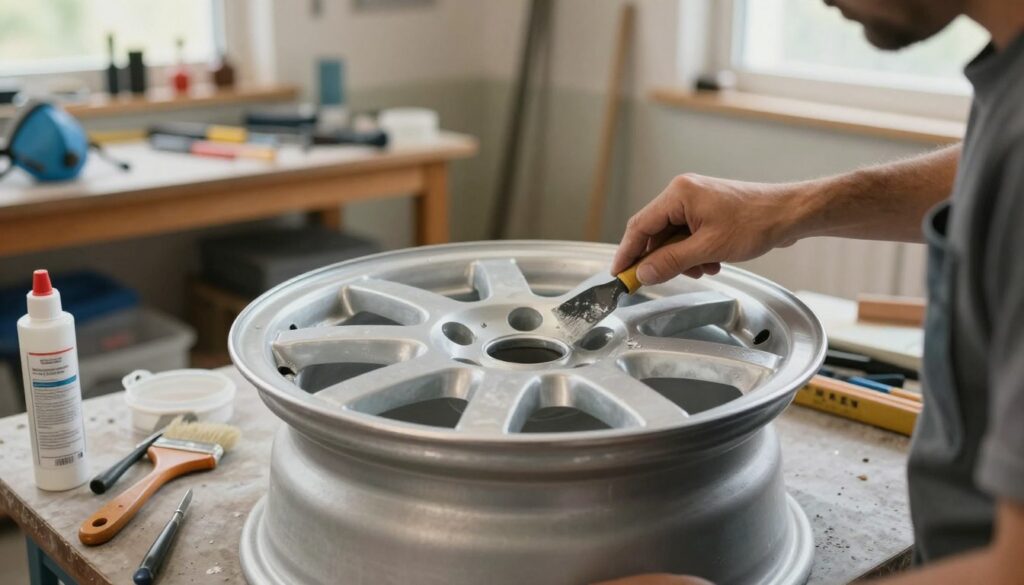 A close-up view of an aluminum wheel undergoing paint removal, showcasing the old paint being carefully scraped off with a tool. The foreground features a skilled craftsperson in modest casual clothing, focusing on the task with precision. In the middle ground, the wheel is situated on a workbench, surrounded by tools like paint strippers, brushes, and a dust mask. The background includes a well-lit workshop with organized tools and supplies on shelves, emphasizing a clean and tidy environment. Natural light filters through a nearby window, creating a warm and inviting atmosphere. The overall mood conveys professionalism and dedication to quality work in restoring aluminum wheels. A close-up view of an aluminum wheel undergoing paint removal, showcasing the old paint being carefully scraped off with a tool. The foreground features a skilled craftsperson in modest casual clothing, focusing on the task with precision. In the middle ground, the wheel is situated on a workbench, surrounded by tools like paint strippers, brushes, and a dust mask. The background includes a well-lit workshop with organized tools and supplies on shelves, emphasizing a clean and tidy environment. Natural light filters through a nearby window, creating a warm and inviting atmosphere. The overall mood conveys professionalism and dedication to quality work in restoring aluminum wheels.