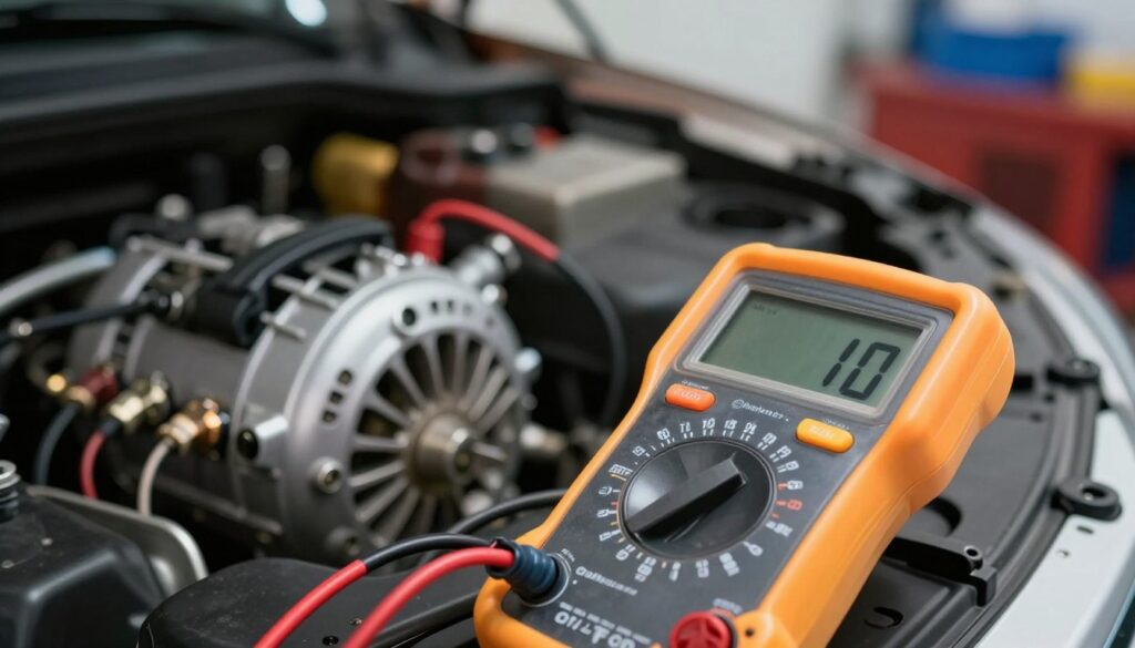 A close-up view of an automotive multimeter measuring the voltage of a car's alternator, placed prominently in the foreground. The multimeter display shows a clear digital reading, with attention to detail on the dial and buttons. In the middle, a car's engine bay is partially visible, showcasing the alternator with wires and connectors in focus. Soft, diffused lighting creates a technical ambiance, simulating a garage atmosphere. The background is slightly blurred to emphasize the foreground elements, with hints of tools and automotive parts visible to indicate a workshop setting. The overall mood is one of precision and functionality, highlighting diagnostic processes in automobile maintenance.