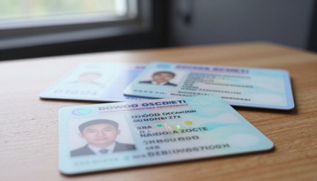A close-up view of an official identification card, specifically a "dowód osobisty," placed on a wooden table. The foreground showcases the card's intricate features, including its holographic elements and security markings, illuminated by soft natural light coming from a nearby window. In the middle ground, a pair of blue and white driving documents—such as a driver's license and vehicle registration—lay beside the ID, hinting at the context of legal requirements for drivers. The background reveals a blurred interior of a car, suggesting the setting of a vehicle. The mood is serious yet informative, aimed at emphasizing the importance of carrying identification while driving. The image should avoid any text or branding. A close-up view of an official identification card, specifically a "dowód osobisty," placed on a wooden table. The foreground showcases the card's intricate features, including its holographic elements and security markings, illuminated by soft natural light coming from a nearby window. In the middle ground, a pair of blue and white driving documents—such as a driver's license and vehicle registration—lay beside the ID, hinting at the context of legal requirements for drivers. The background reveals a blurred interior of a car, suggesting the setting of a vehicle. The mood is serious yet informative, aimed at emphasizing the importance of carrying identification while driving. The image should avoid any text or branding.
