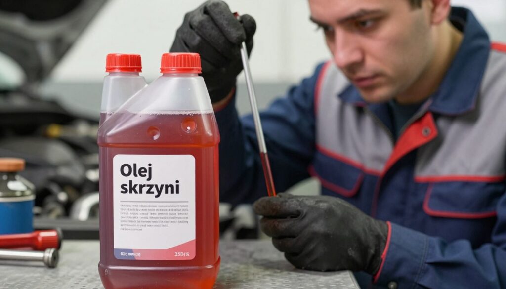 A close-up view of automatic transmission fluid, or "olej skrzyni," in a clean, well-lit workshop setting. In the foreground, a transparent bottle filled with red, translucent transmission fluid, showcasing its rich color and viscosity. The middle ground features an auto mechanic in professional attire, wearing gloves and examining the fluid with focused attention, possibly holding a dipstick to check the fluid level. The background includes automotive tools and equipment, hinting at a mechanic's workspace. The lighting is bright and even, highlighting the sheen of the fluid and creating a sense of professionalism and care. The mood conveys diligence and expertise, suitable for illustrating a technical article on automatic transmission maintenance. A close-up view of automatic transmission fluid, or "olej skrzyni," in a clean, well-lit workshop setting. In the foreground, a transparent bottle filled with red, translucent transmission fluid, showcasing its rich color and viscosity. The middle ground features an auto mechanic in professional attire, wearing gloves and examining the fluid with focused attention, possibly holding a dipstick to check the fluid level. The background includes automotive tools and equipment, hinting at a mechanic's workspace. The lighting is bright and even, highlighting the sheen of the fluid and creating a sense of professionalism and care. The mood conveys diligence and expertise, suitable for illustrating a technical article on automatic transmission maintenance.