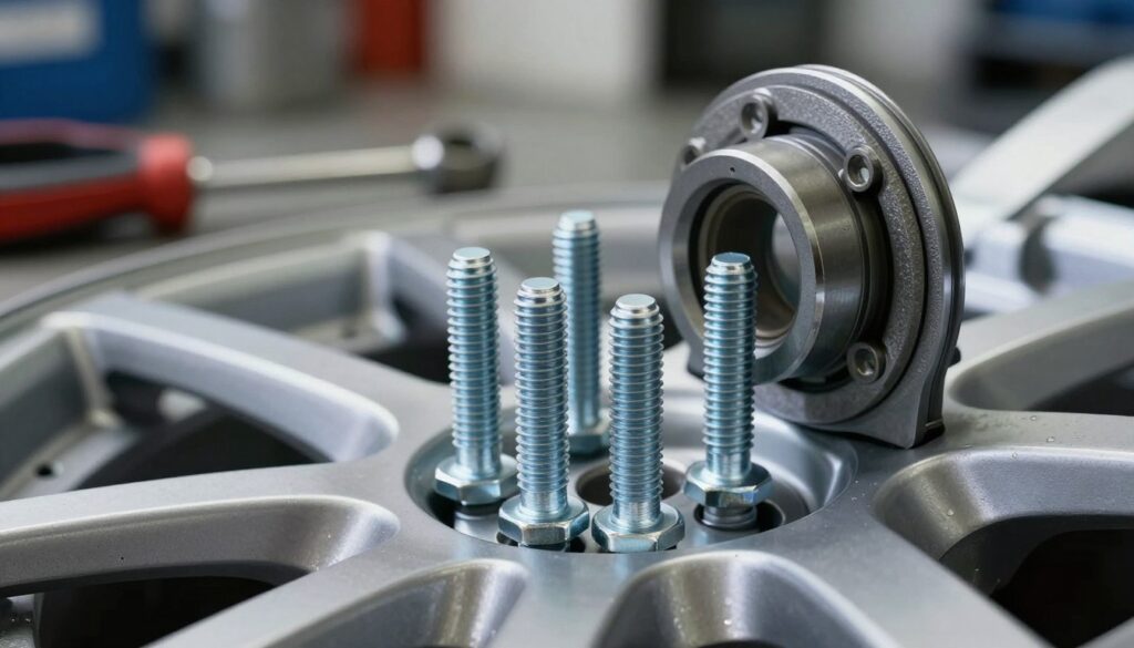 A close-up view of automotive wheel assembly, focusing on a detailed representation of installation bolts. In the foreground, sharp details of the bolts, shown with varying lengths and designs, glistening under bright workshop lighting. The middle ground showcases a sleek, modern hub flange, emphasizing its texture and robustness. In the background, blurred images of mechanic tools and equipment can be seen, enhancing the workshop atmosphere. The scene conveys a sense of precision and safety, perfect for a technical article. Capture the intricate threading on the bolts and the alignment of the hub, showcasing the importance of proper installation length. The image should be bright and clear, with strong contrast to bring out the metallic features, creating a professional yet approachable mood.