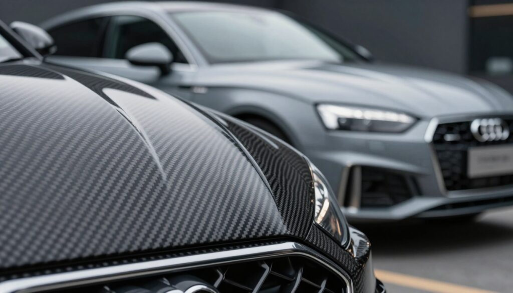 A close-up view of carbon fiber material showcasing its intricate woven texture, display the glossy finish that emphasizes its lightweight and strong attributes. In the foreground, focus on a section of the carbon fiber integrated into a sleek Audi A5 body kit component, capturing the play of light reflecting off its surface. The background should feature an out-of-focus profile of an Audi A5, accentuating the relationship between the material and the car’s performance. Provide soft, diffused lighting that creates a modern and elegant atmosphere, simulating a professional automotive setting. Use a macro lens perspective to enhance the details of the carbon fiber weave, evoking a sense of luxury and innovation. A close-up view of carbon fiber material showcasing its intricate woven texture, display the glossy finish that emphasizes its lightweight and strong attributes. In the foreground, focus on a section of the carbon fiber integrated into a sleek Audi A5 body kit component, capturing the play of light reflecting off its surface. The background should feature an out-of-focus profile of an Audi A5, accentuating the relationship between the material and the car’s performance. Provide soft, diffused lighting that creates a modern and elegant atmosphere, simulating a professional automotive setting. Use a macro lens perspective to enhance the details of the carbon fiber weave, evoking a sense of luxury and innovation.