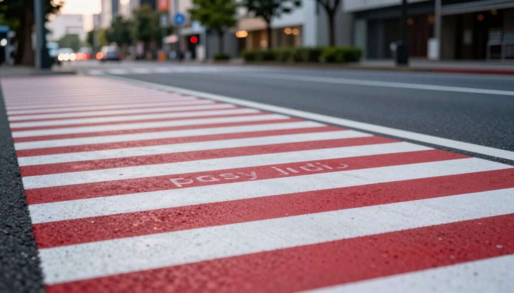 A close-up view of distinctive red and white striped road markings, popularly known as "pasy judo," set against a blurred city street background. The foreground emphasizes the crisp details of the paint, showing the texture and reflective qualities under soft evening light. In the middle, a well-maintained asphalt road transitions smoothly to the painted stripes, with a hint of greenery from nearby trees adding contrast. The background features softly focused urban elements, like buildings and traffic signs, to convey a bustling yet serene atmosphere. The image should evoke a sense of caution and awareness, capturing the significance of these markings in an urban context, all while maintaining a clean and professional look. A close-up view of distinctive red and white striped road markings, popularly known as "pasy judo," set against a blurred city street background. The foreground emphasizes the crisp details of the paint, showing the texture and reflective qualities under soft evening light. In the middle, a well-maintained asphalt road transitions smoothly to the painted stripes, with a hint of greenery from nearby trees adding contrast. The background features softly focused urban elements, like buildings and traffic signs, to convey a bustling yet serene atmosphere. The image should evoke a sense of caution and awareness, capturing the significance of these markings in an urban context, all while maintaining a clean and professional look.