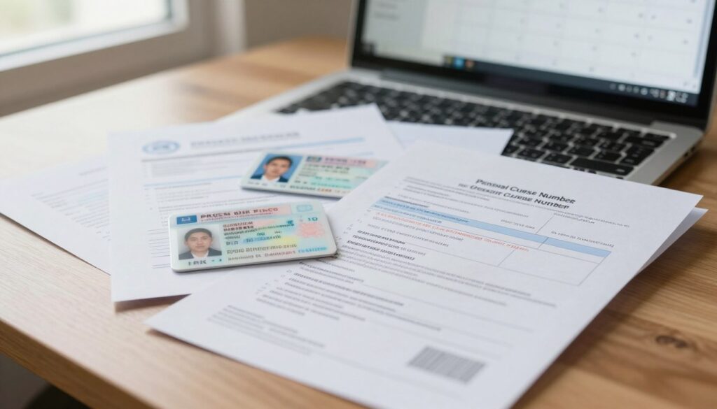 A close-up view of important documents scattered on a wooden desk, featuring a driver's license application, identification cards, and a PKK (Personal Course Number) receipt prominently displayed. The documents are slightly crumpled, indicating they have been reviewed multiple times. In the background, a blurred image of a computer with a calendar app open, showcasing an upcoming driving test appointment. Soft, natural light streams in from a window, creating a warm and focused atmosphere. The angle is slightly overhead, emphasizing the details of the papers while providing context about the importance of organization in preparation for the driving exam. No people are present, ensuring a professional and clean aesthetic. A close-up view of important documents scattered on a wooden desk, featuring a driver's license application, identification cards, and a PKK (Personal Course Number) receipt prominently displayed. The documents are slightly crumpled, indicating they have been reviewed multiple times. In the background, a blurred image of a computer with a calendar app open, showcasing an upcoming driving test appointment. Soft, natural light streams in from a window, creating a warm and focused atmosphere. The angle is slightly overhead, emphasizing the details of the papers while providing context about the importance of organization in preparation for the driving exam. No people are present, ensuring a professional and clean aesthetic.